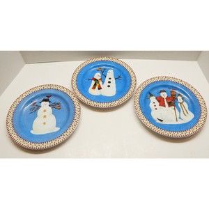 Debbie Mumm Snowman Christmas 8 Inch Salad Dessert Plates 1998 Set of 3